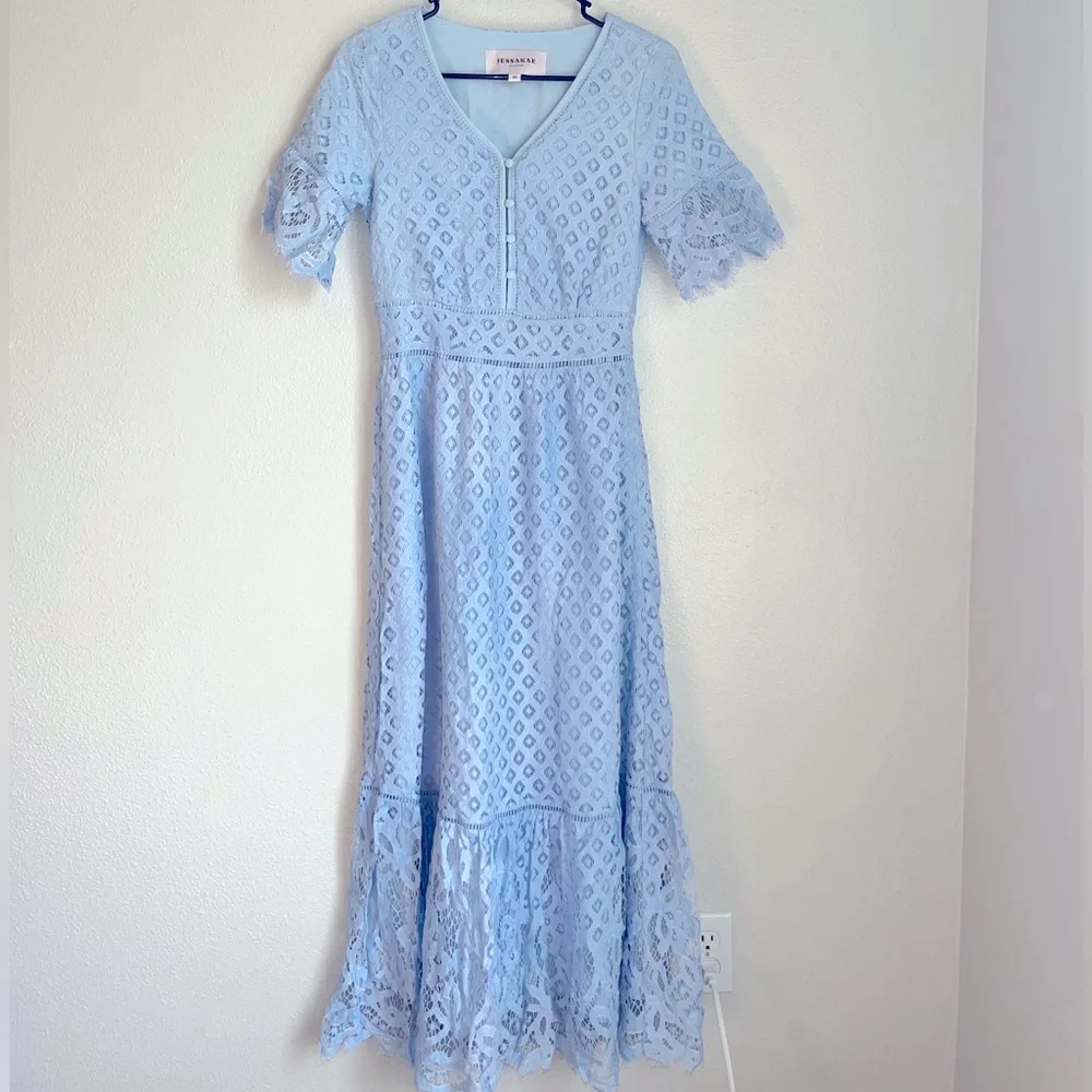 JESSAKAE Delancey Street Lace Dress | Size XS | Color: Powder Blue - Picture 1 of 6